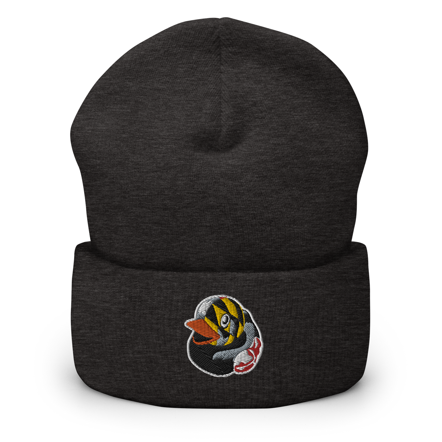 Picture of a dark grey cuffed beanie hat with an embroidered Maryland flag overlay BMORE DUCKS! rubber ducky