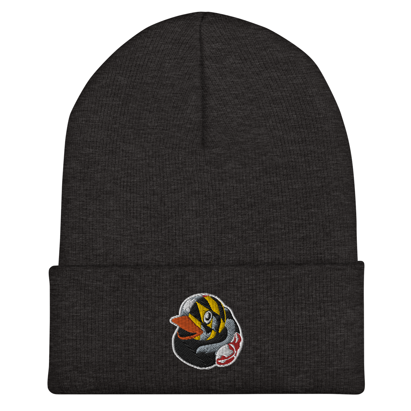 Picture of a dark grey cuffed beanie hat with an embroidered Maryland flag overlay BMORE DUCKS! rubber ducky