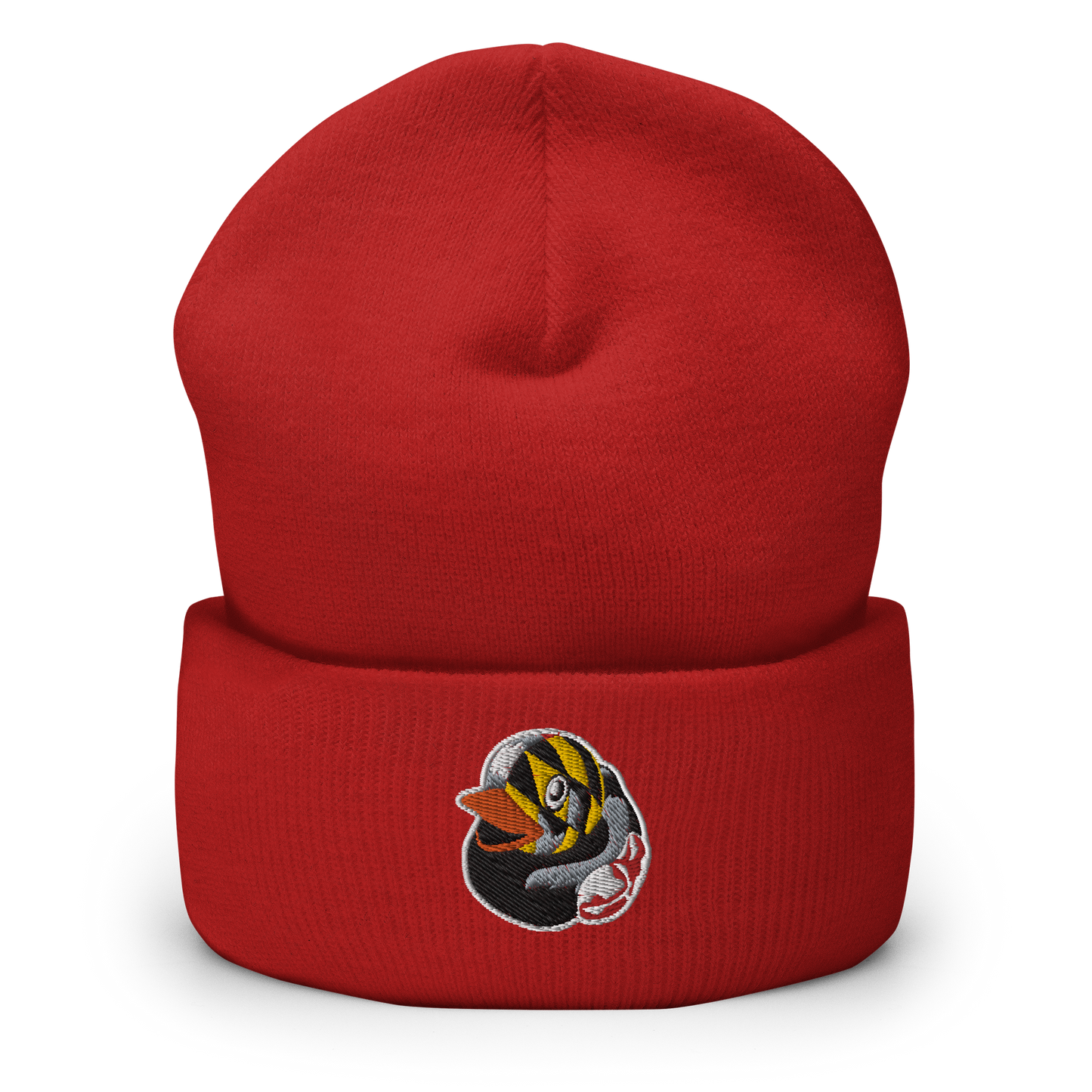 Picture of a red cuffed beanie hat with an embroidered Maryland flag overlay BMORE DUCKS! rubber ducky