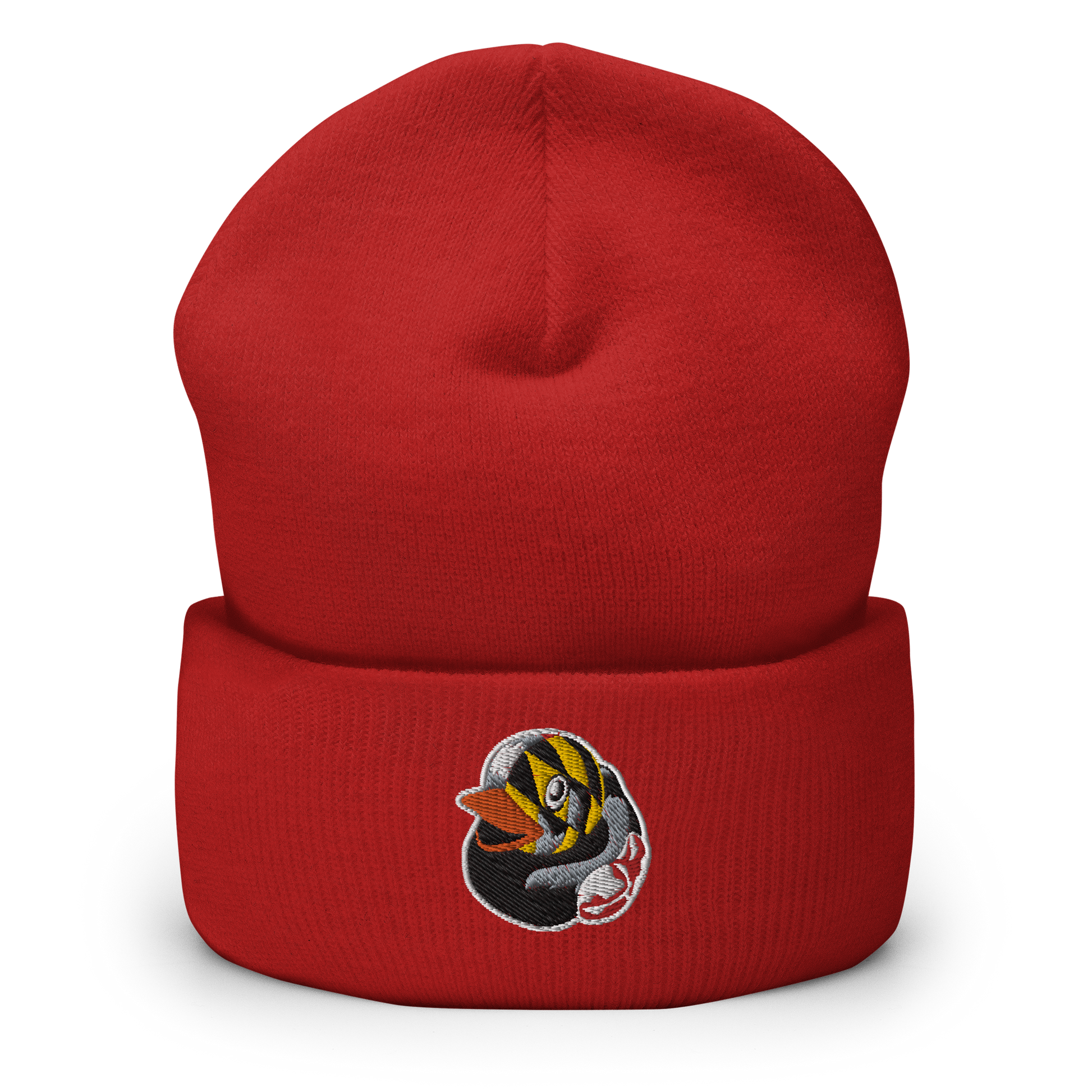 Picture of a red cuffed beanie hat with an embroidered Maryland flag overlay BMORE DUCKS! rubber ducky