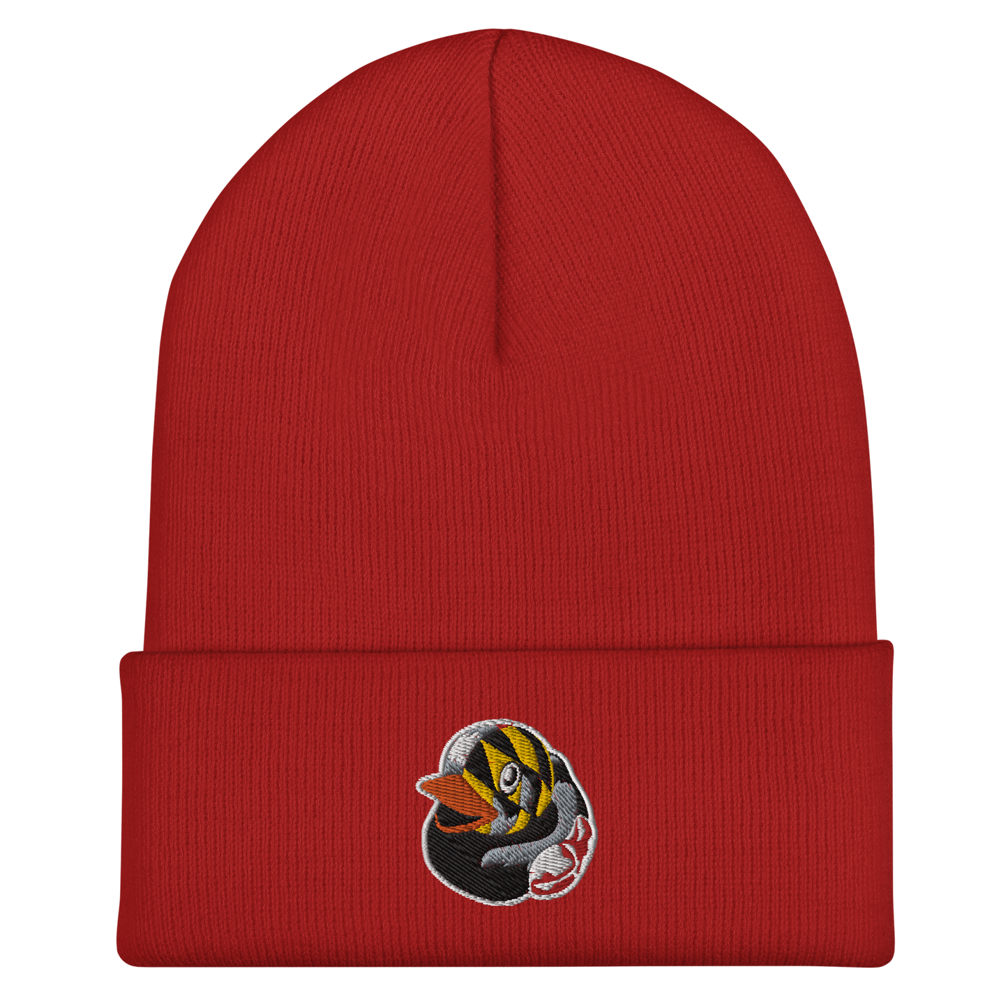 Picture of a red cuffed beanie hat with an embroidered Maryland flag overlay BMORE DUCKS! rubber ducky