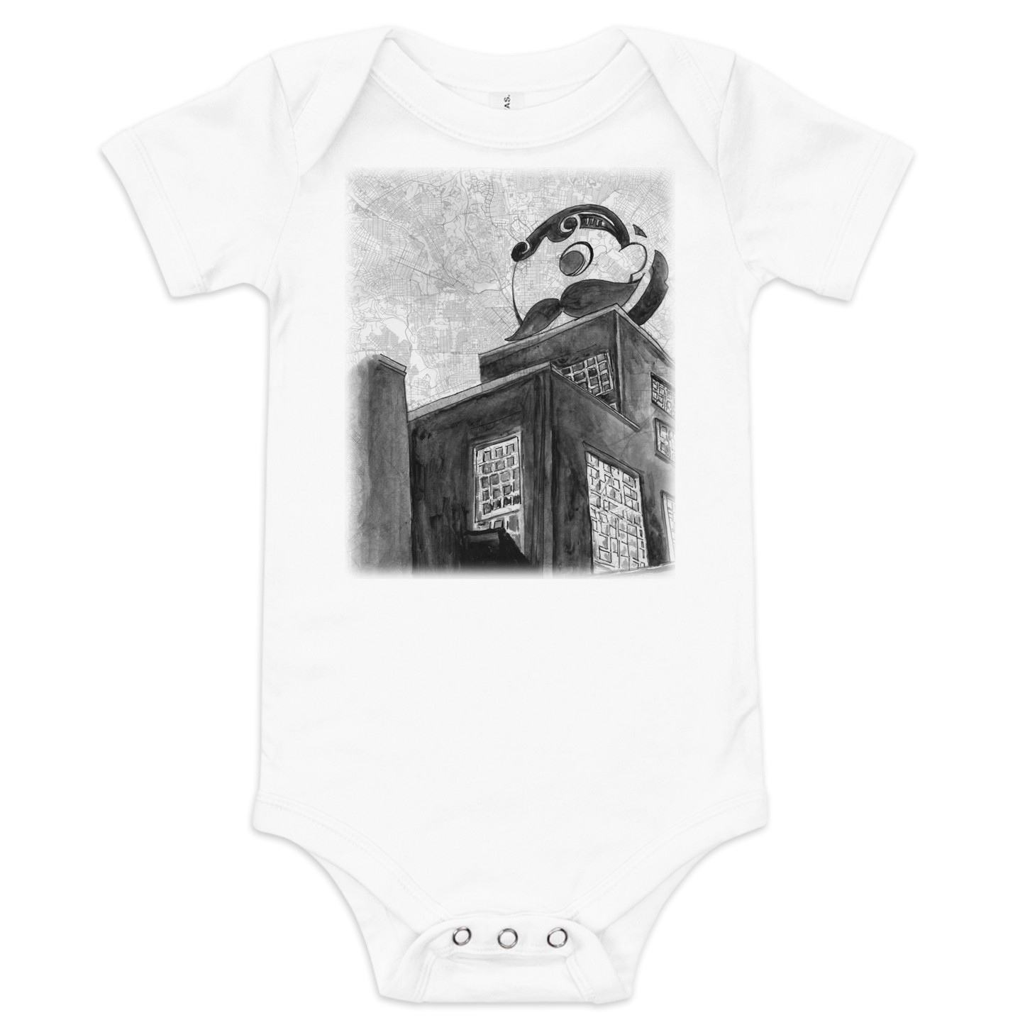 A picture of a white baby onesie with an printed image of Baltimore's Natty Boh tower painted on a map of the city