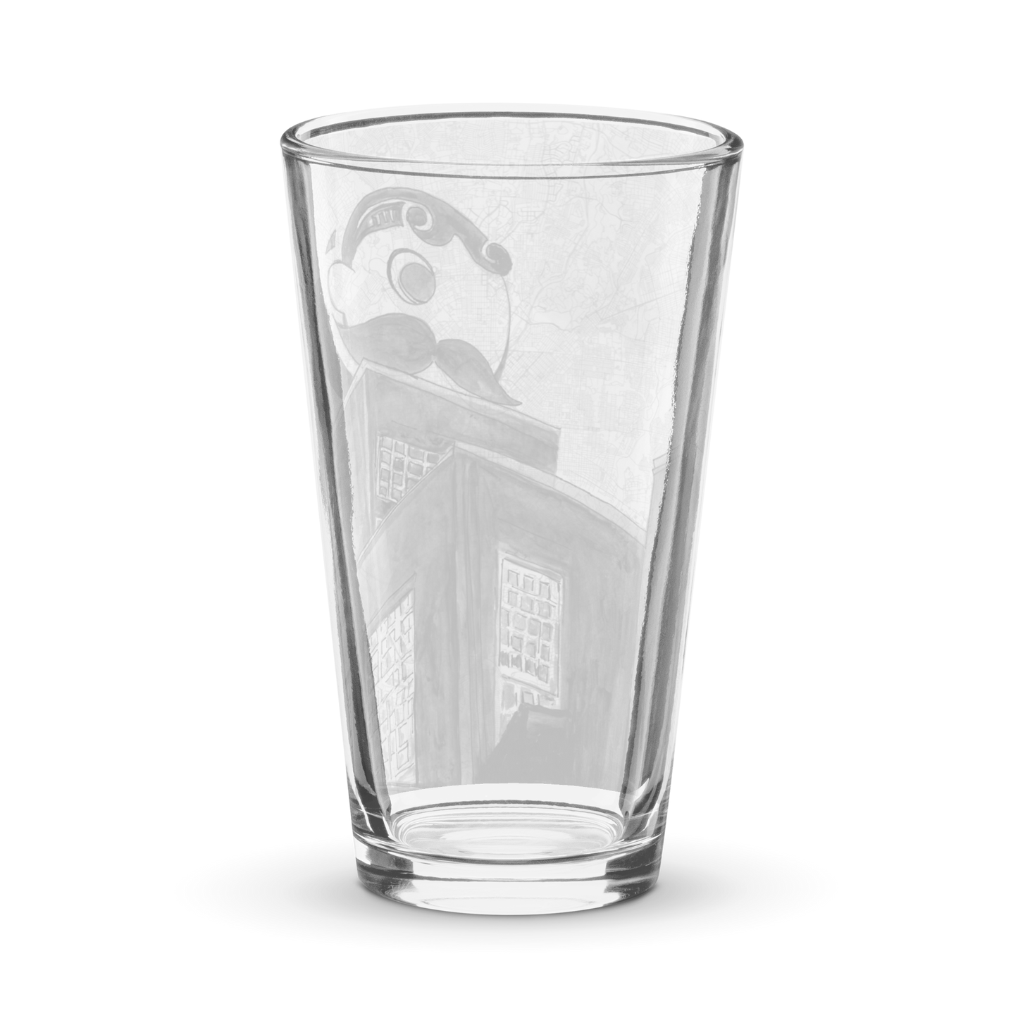 A picture of the back side a clear pint glass with a printed image of a watercolor painting of Baltimore's Natty Boh tower on a map of the city