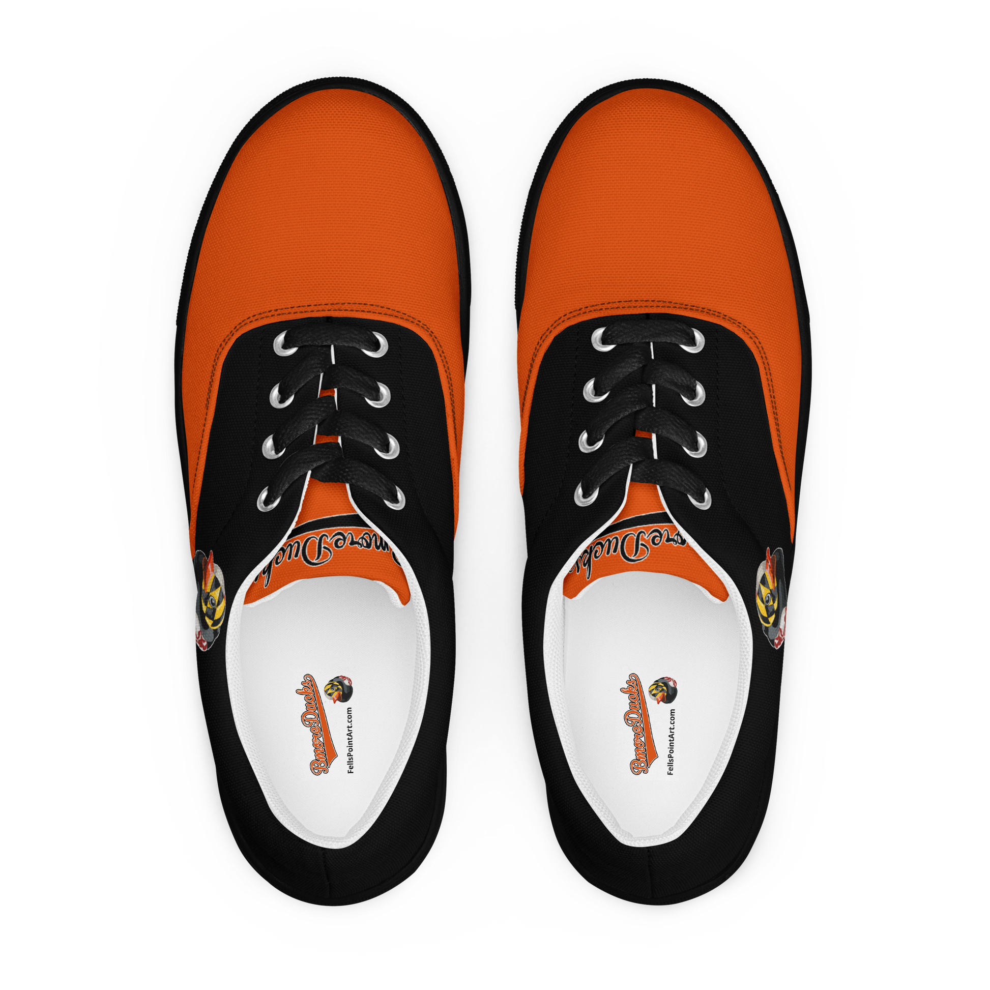 Overhead View of Mens Baltimore Baseball BMORE DUCKS! Black and Orange Shoes
