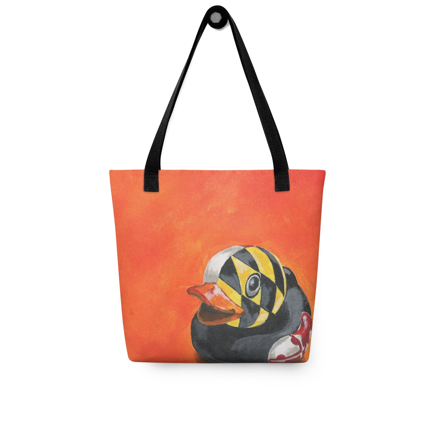 an orange tote bag with a painted rubber duck with a Maryland flag overlay