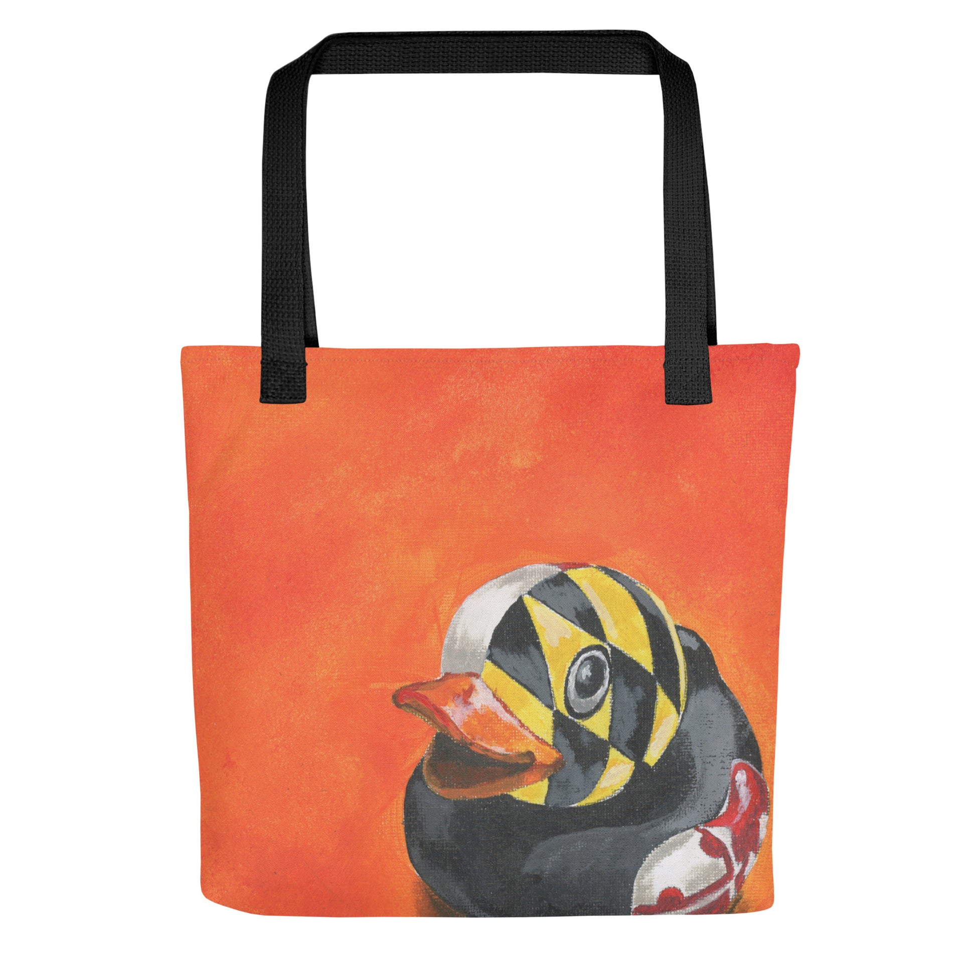 an orange tote bag with a painted rubber duck with a Maryland flag overlay