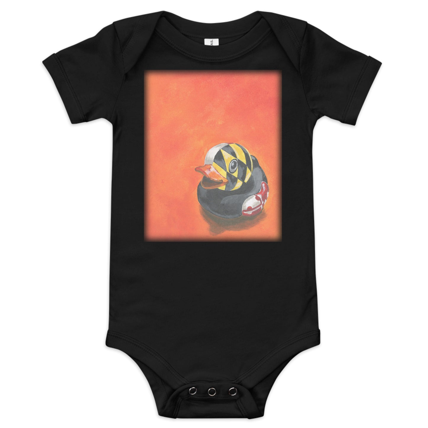 Baby onesie in black with a painting of a rubber duck and the Maryland flag overlay in front of an orange background