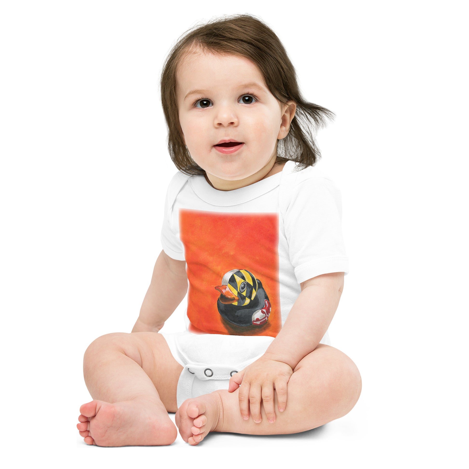 baby wearing onesie in white with a painting of a rubber duck and the Maryland flag overlay in front of an orange background