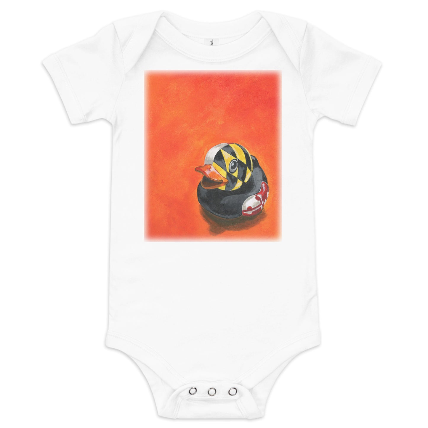 white baby onesie with a painting of a rubber duck and the Maryland flag overlay in front of an orange background