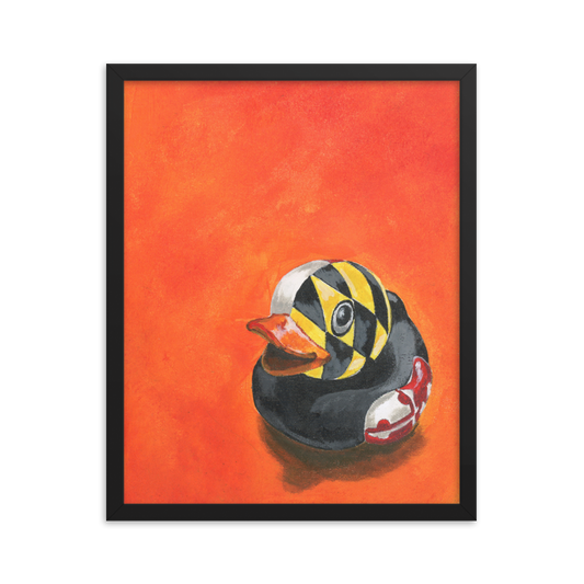 16x20 Fine art print of a painting of a rubber duck with the Maryland flag overlay in front of an orange background, framed in black