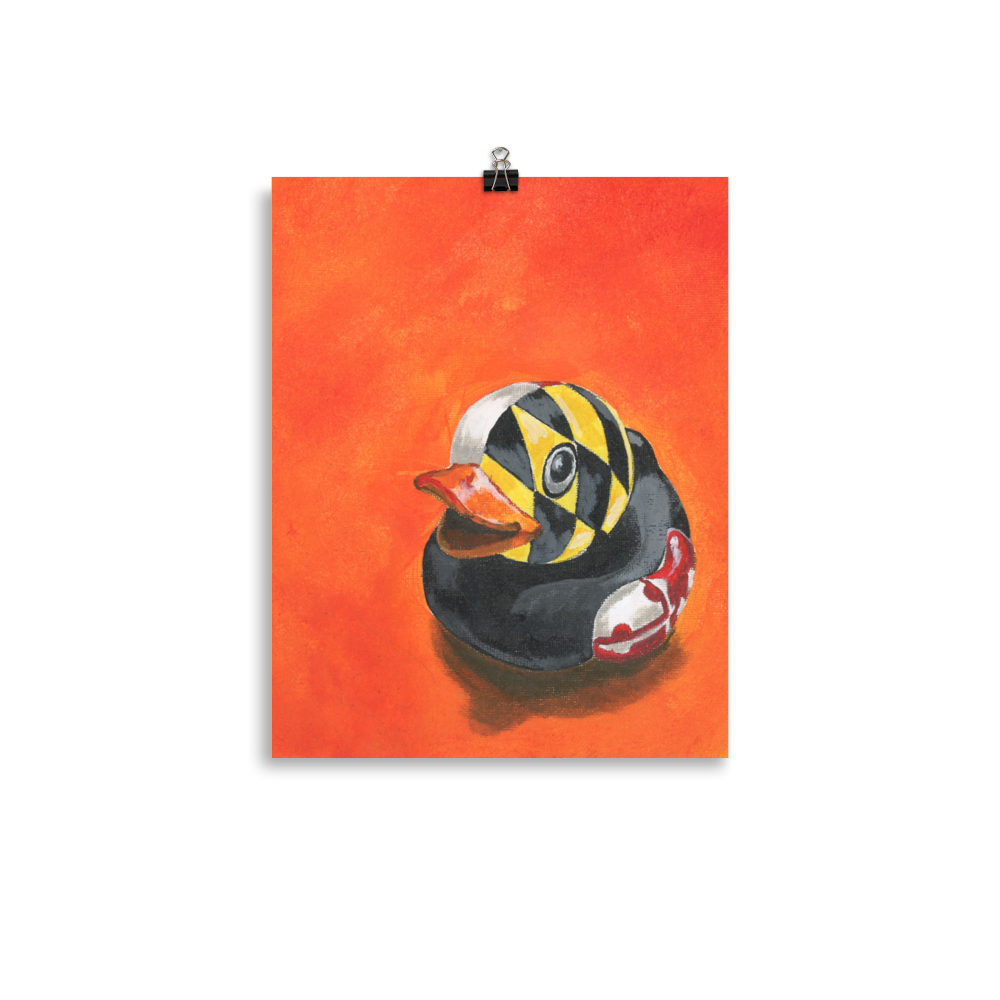 11x14 Fine art print of a painting of a rubber duck with the Maryland flag overlay in front of an orange background