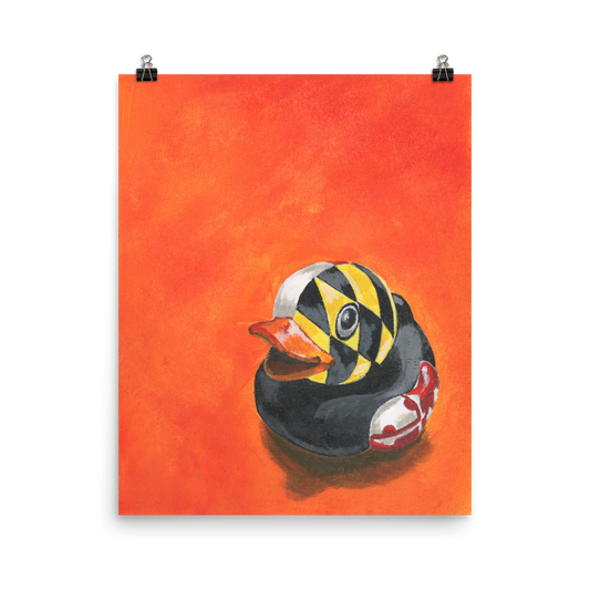 16x20 Fine art print of a painting of a rubber duck with the Maryland flag overlay in front of an orange background