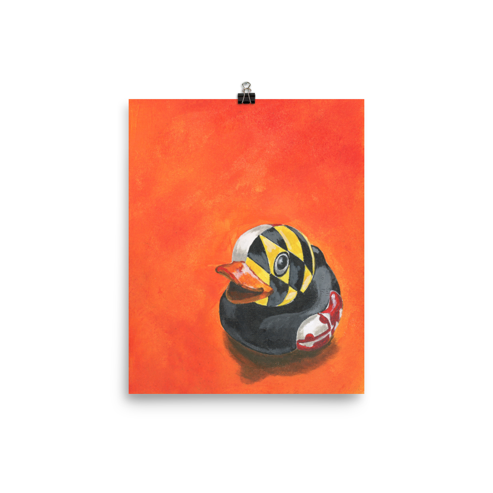 8x10 Fine art print of a painting of a rubber duck with the Maryland flag overlay in front of an orange background