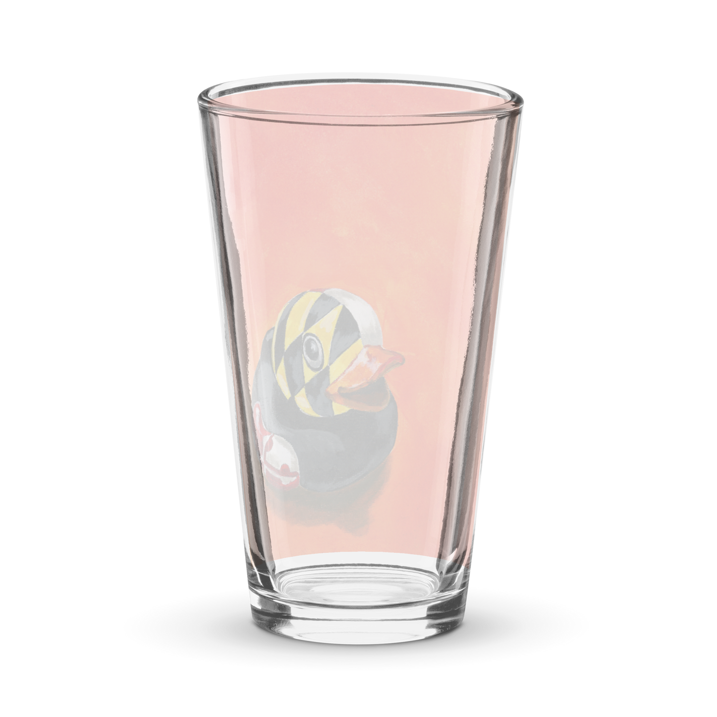 back side pint glass with an image of a painted rubber duck with the Maryland flag overlay on an orange background