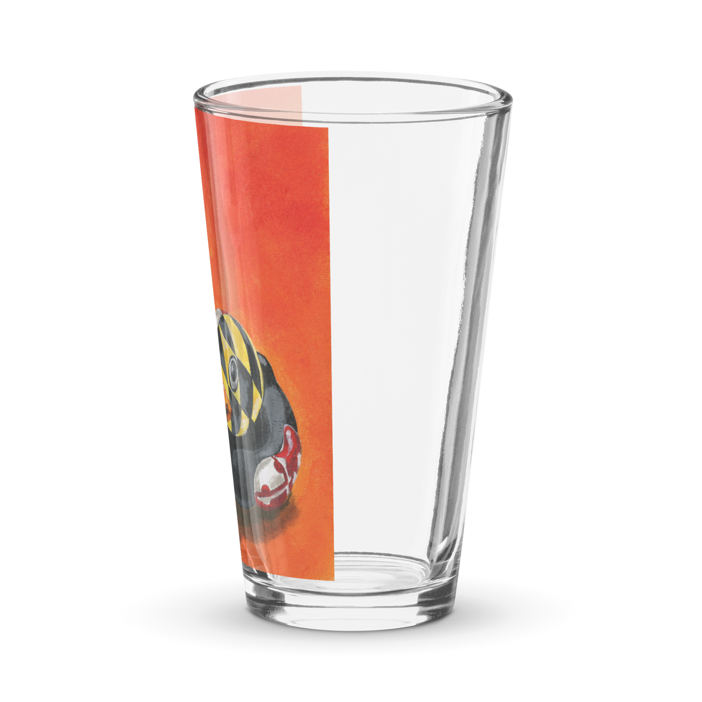 right side of a pint glass with an image of a painted rubber duck with the Maryland flag overlay on an orange background