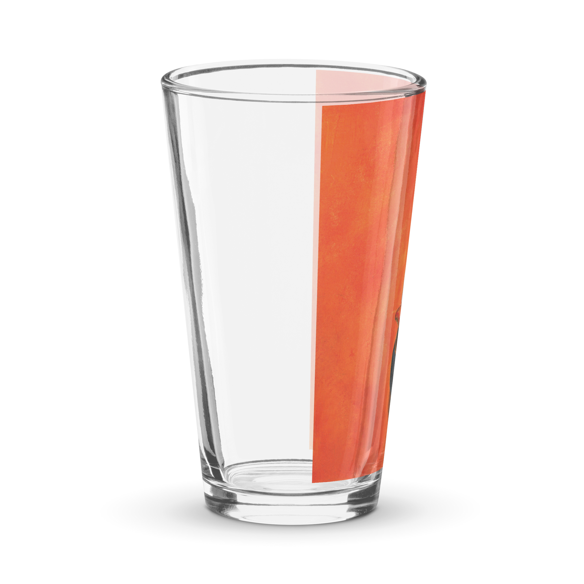 left side of a pint glass with an image of a painted rubber duck with the Maryland flag overlay on an orange background