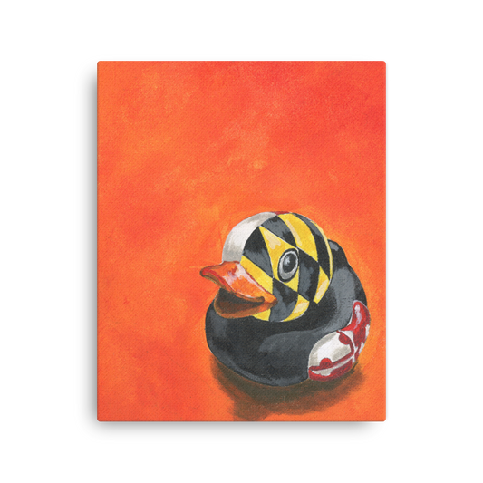 16x20 Fine art print of a painting of a rubber duck with the Maryland flag overlay in front of an orange background