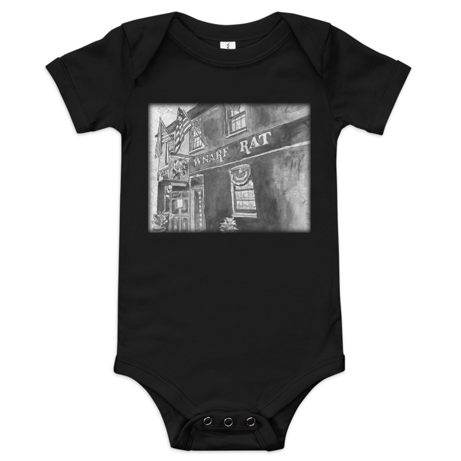 Picture of a black baby onesie with an image printed of  a watercolor painting of Baltimore's Warf Rat on a map of the city