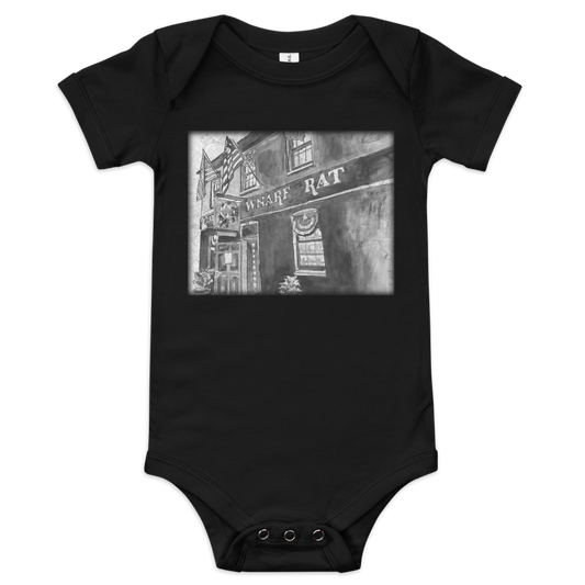 Picture of a black baby onesie with an image printed of  a watercolor painting of Baltimore's Warf Rat on a map of the city