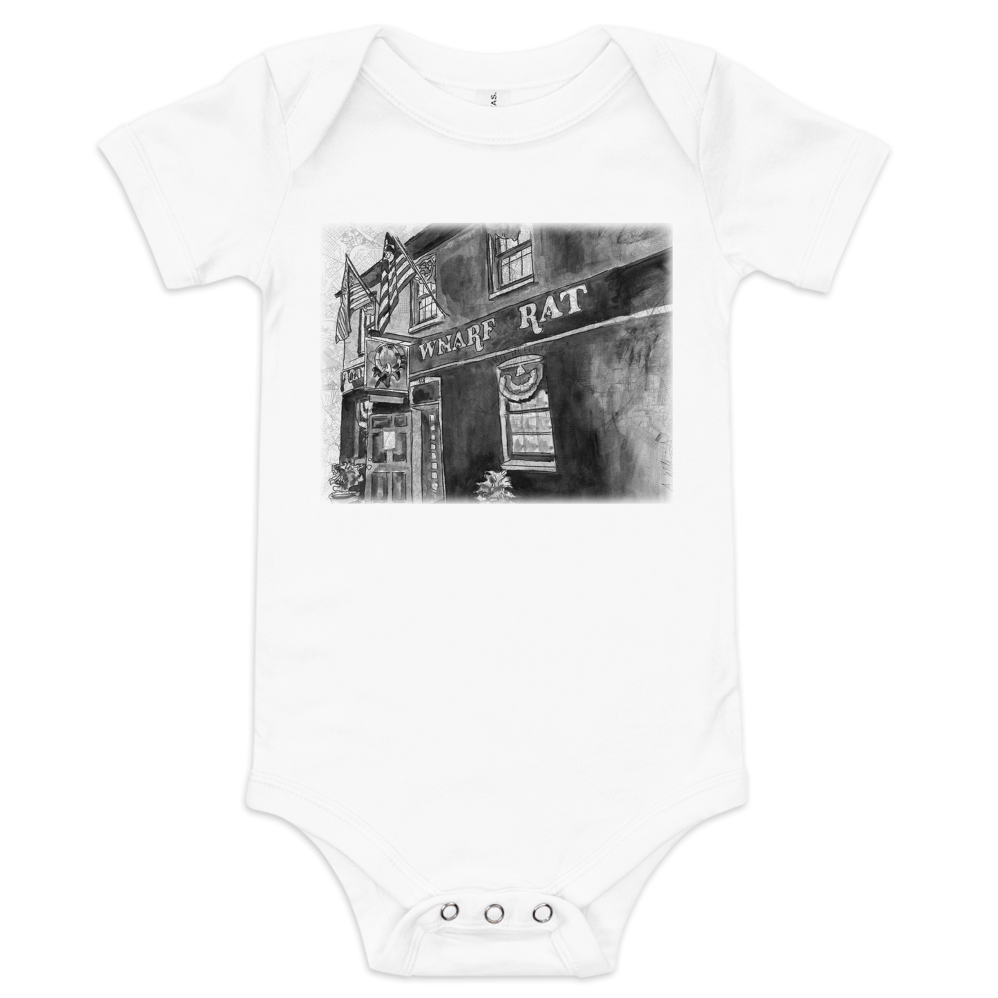 Picture of a white baby onesie with an image printed of  a watercolor painting of Baltimore's Warf Rat on a map of the city