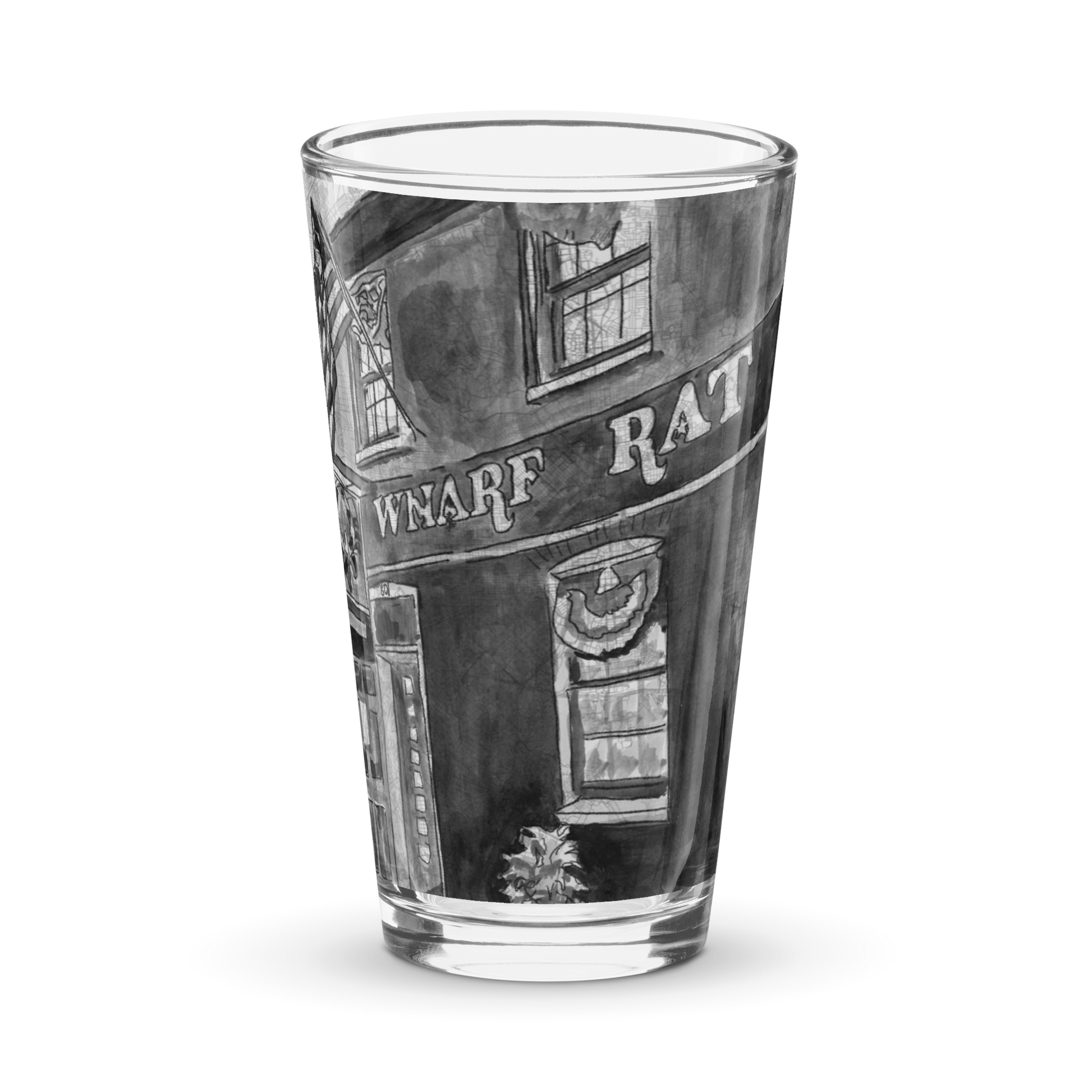 Picture of the front  of a pint glass with a printed image of a watercolor painting of Baltimore's Wharf Rat on a map of the city