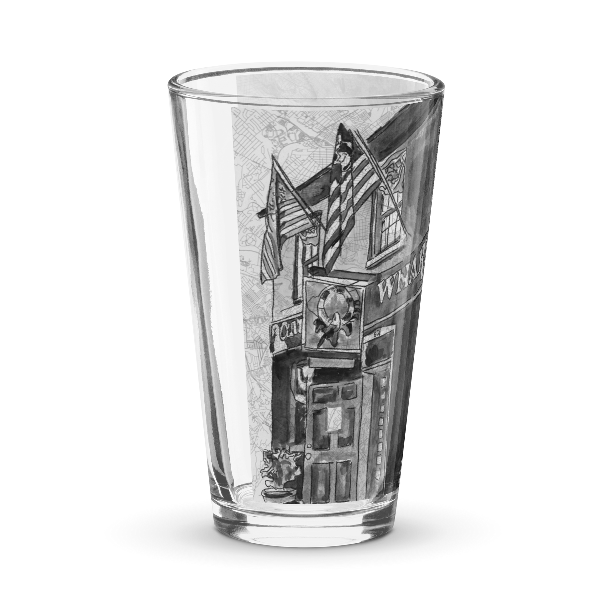 Picture of the right side of a pint glass with a printed image of a watercolor painting of Baltimore's Wharf Rat on a map of the city