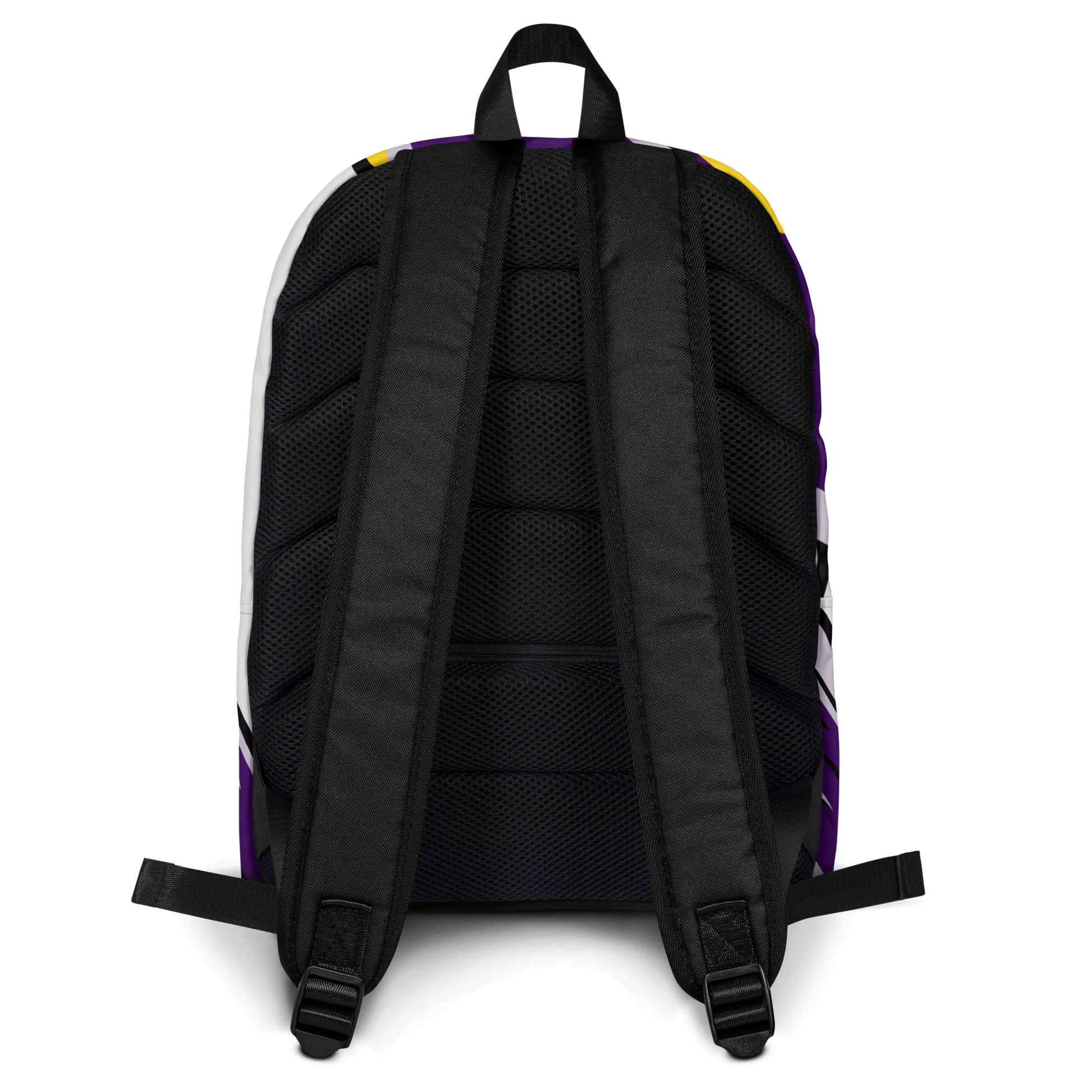 back of minimalist backpack with BMORE DUCKS! black and purple football fan logo pattern over gray background