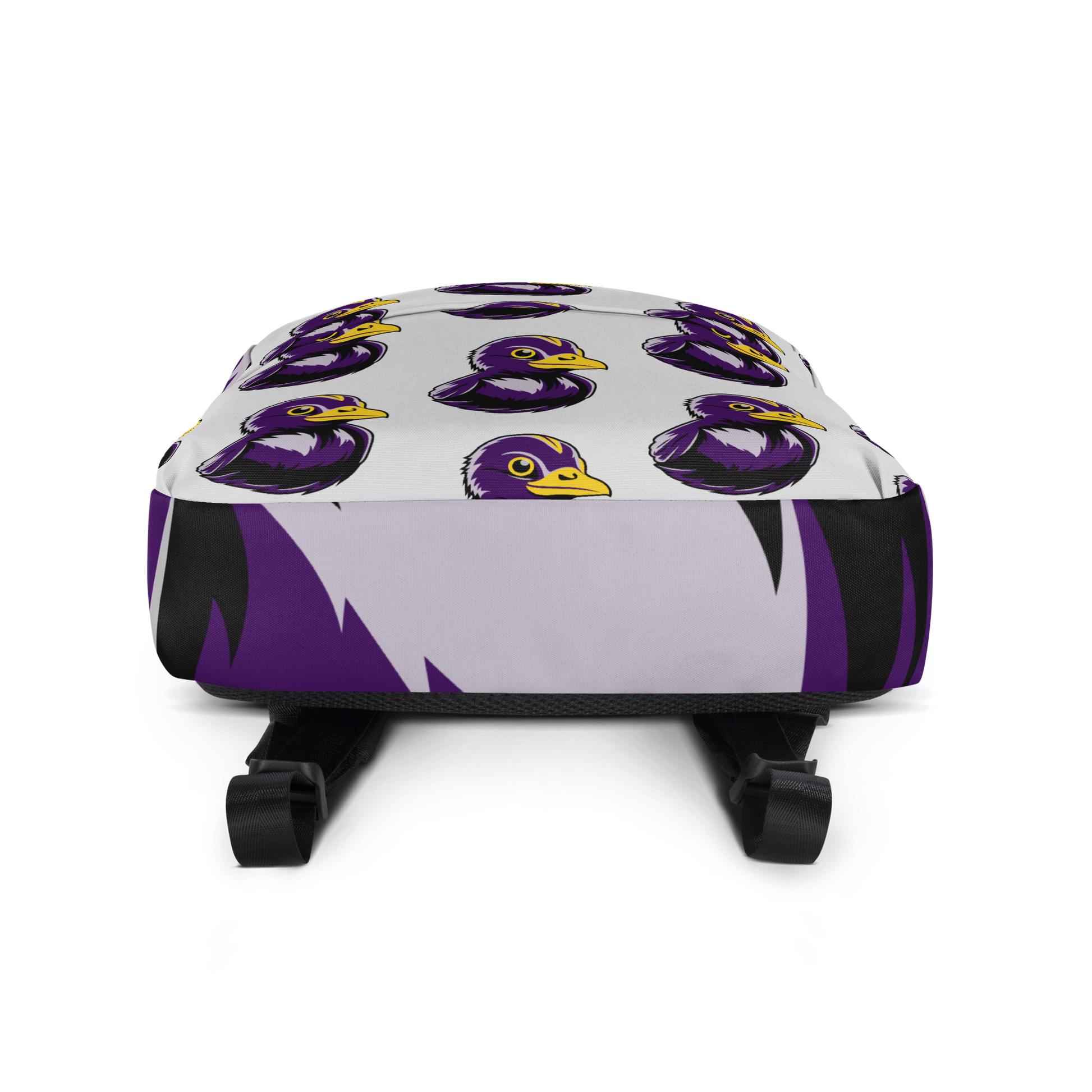 bottom of minimalist backpack with BMORE DUCKS! black and purple football fan logo pattern over gray background