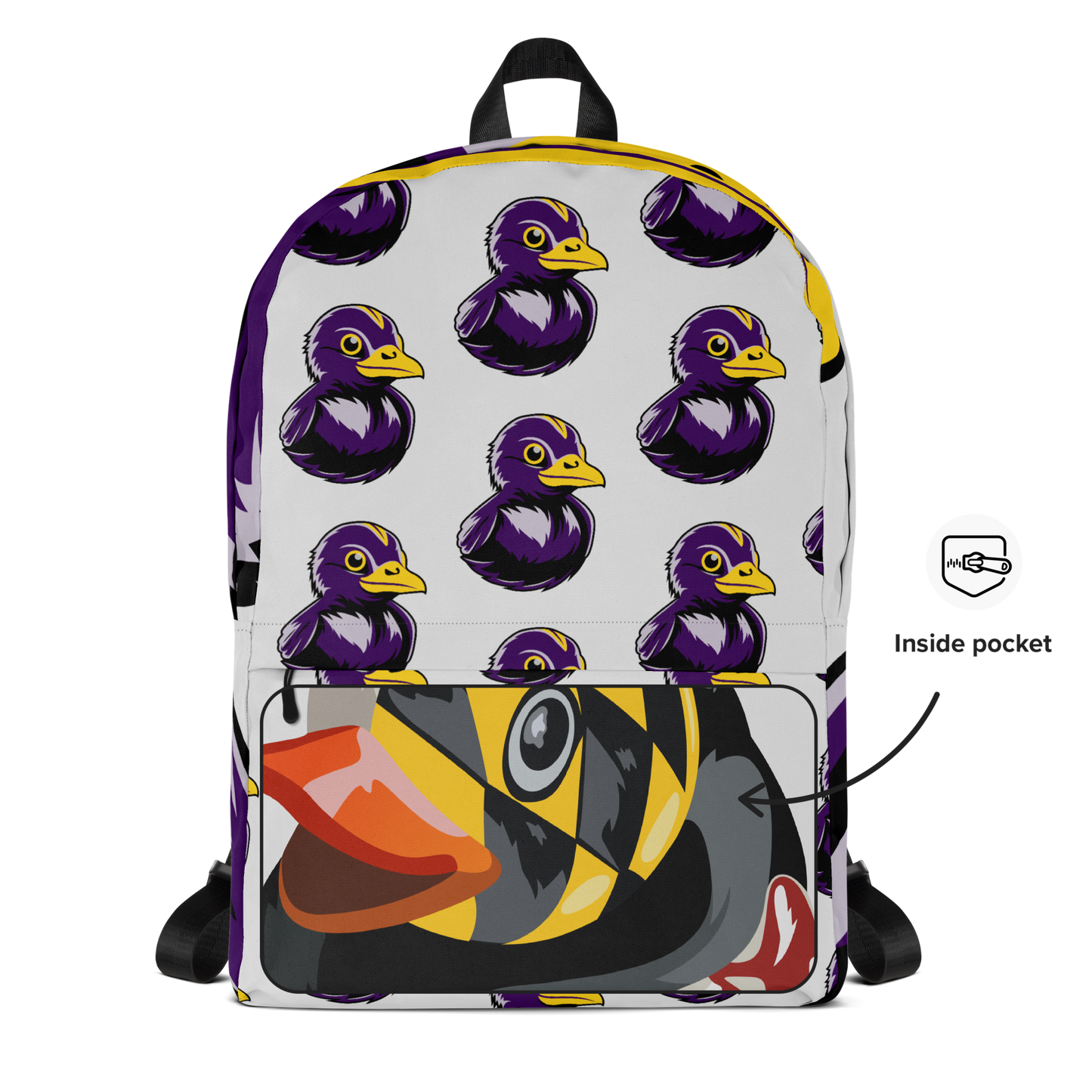 minimalist backpack with BMORE DUCKS! black and purple football fan logo pattern over gray background.  Open pocket reveals Maryland duck