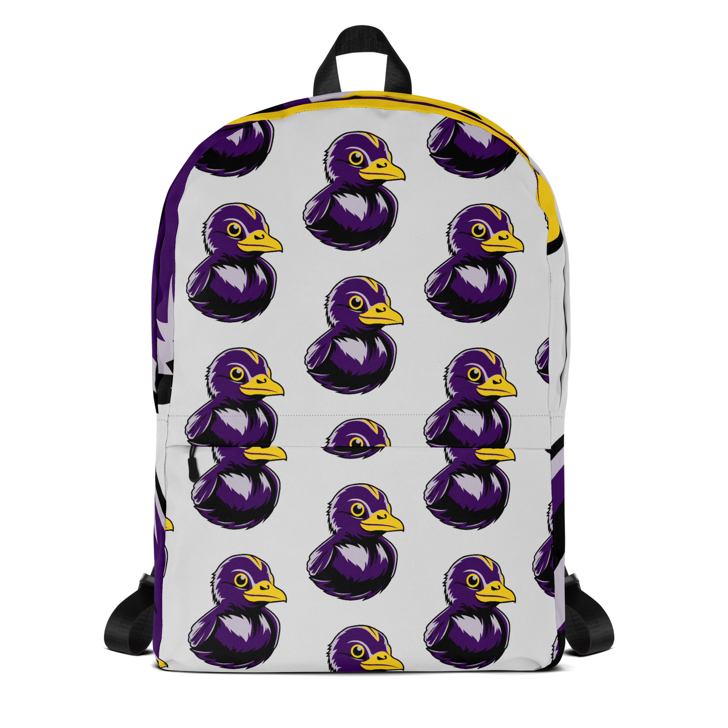 minimalist backpack with BMORE DUCKS! black and purple football fan logo pattern over gray background