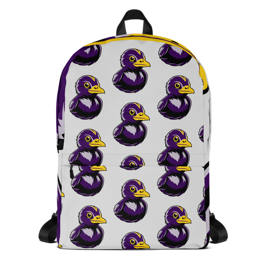 minimalist backpack with BMORE DUCKS! black and purple football fan logo pattern over gray background