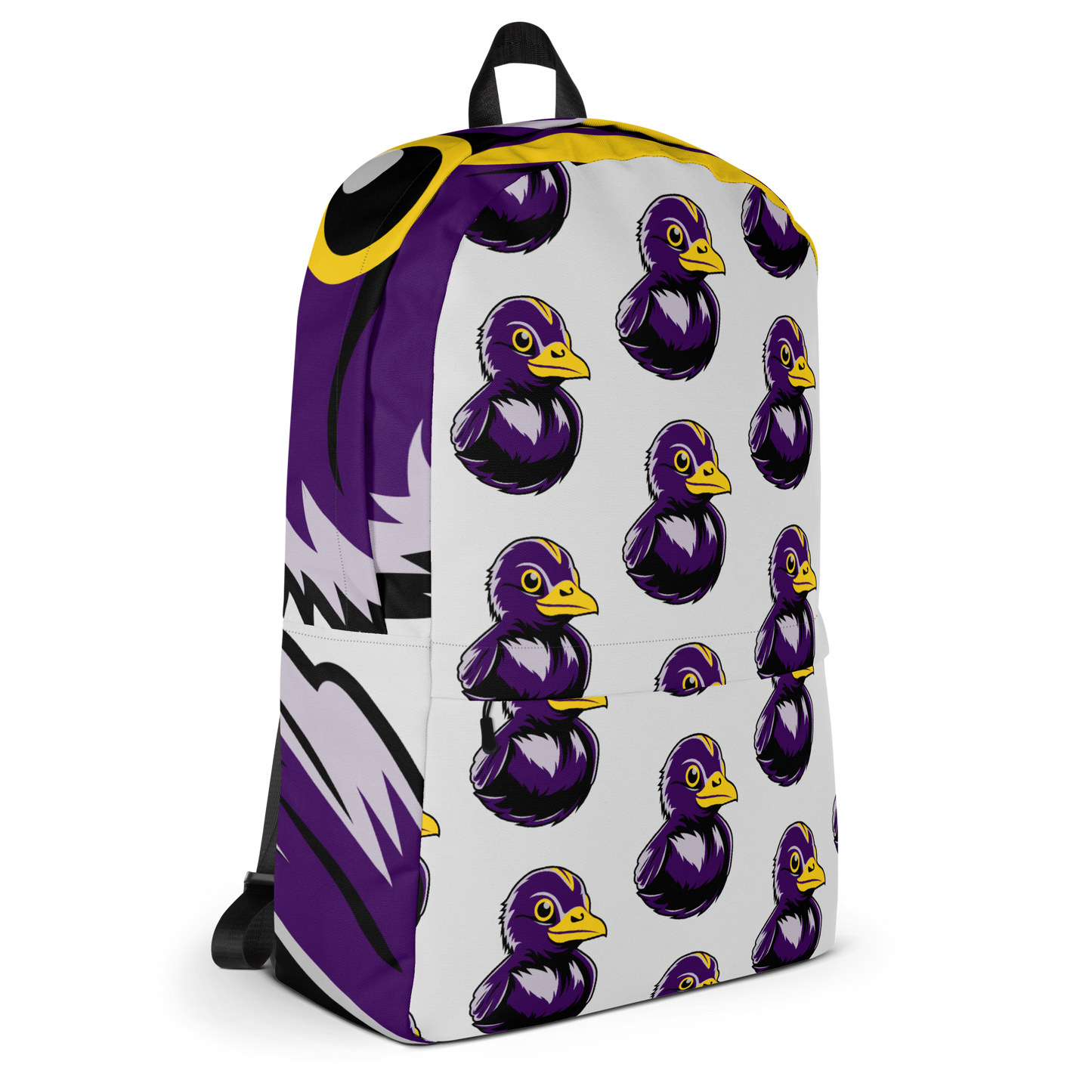 side of minimalist backpack with BMORE DUCKS! black and purple football fan logo pattern over gray background