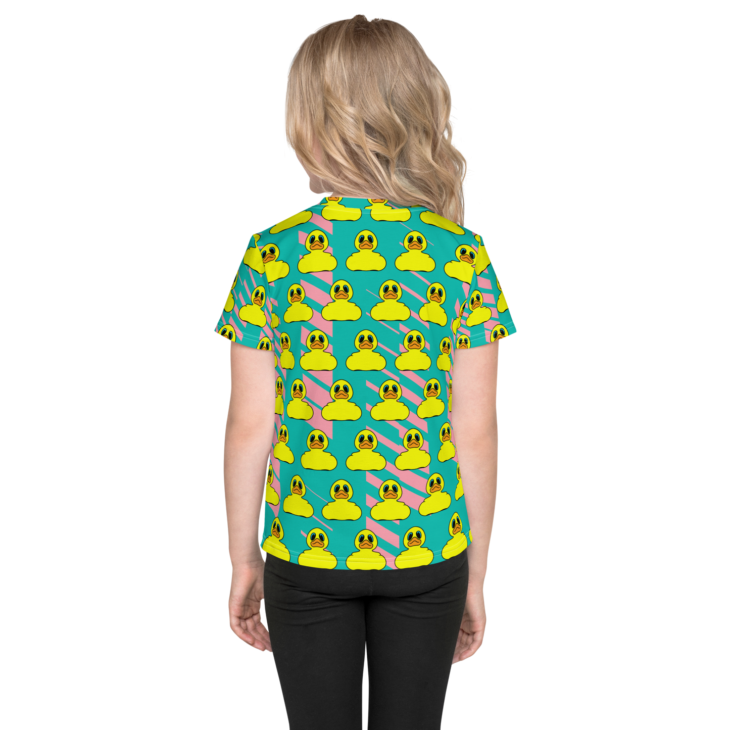 rear view of blond girl wearing all over print t shirt with Classic yellow BMORE DUCKS! rubber duck pattern