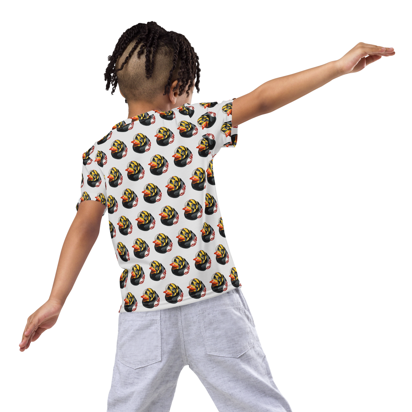 rear view of child wearing all over print t-shirt with pattern of Maryland BMORE DUCKS! logo