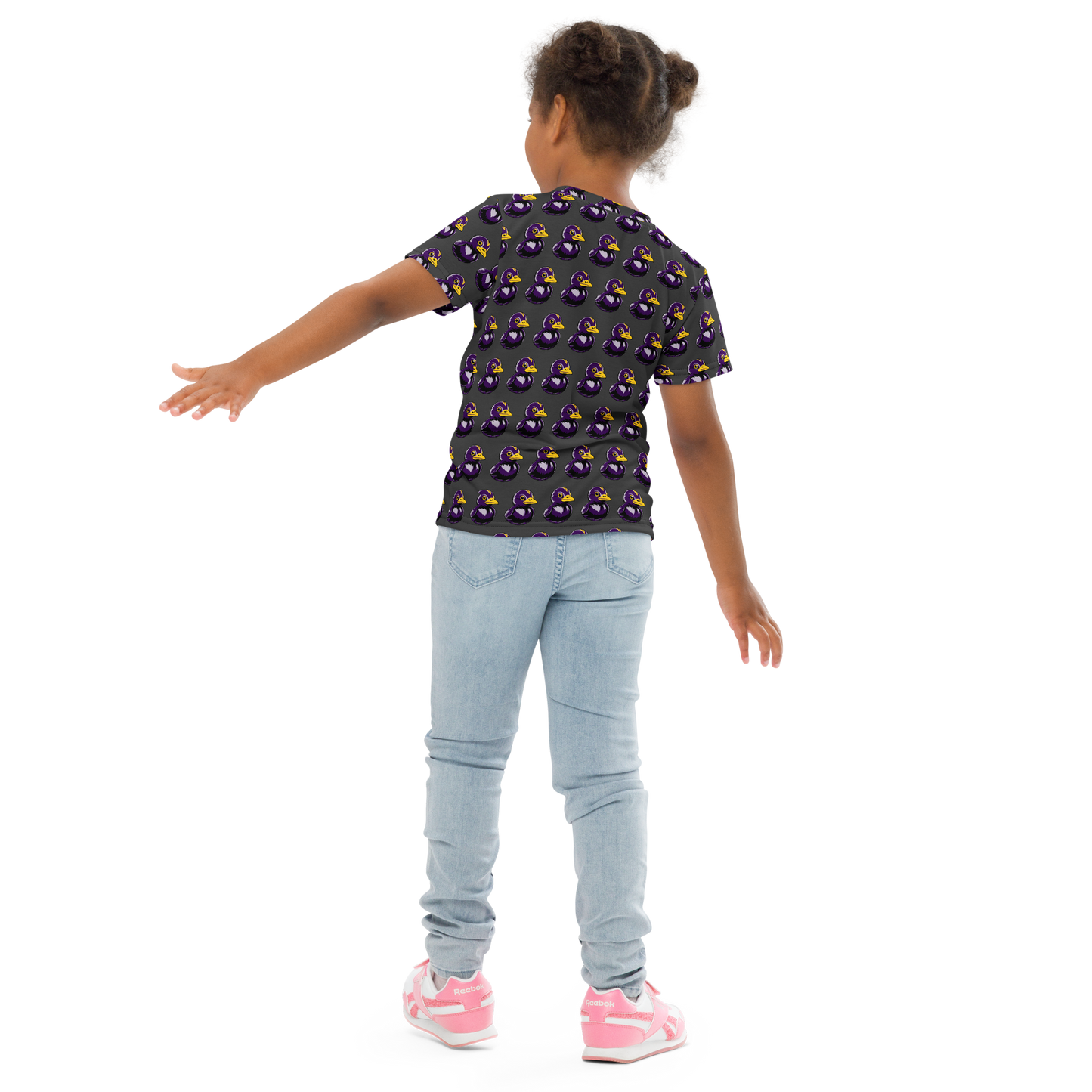 rear view young girl wearing all over print pattern of BMORE DUCKS! football fan logo