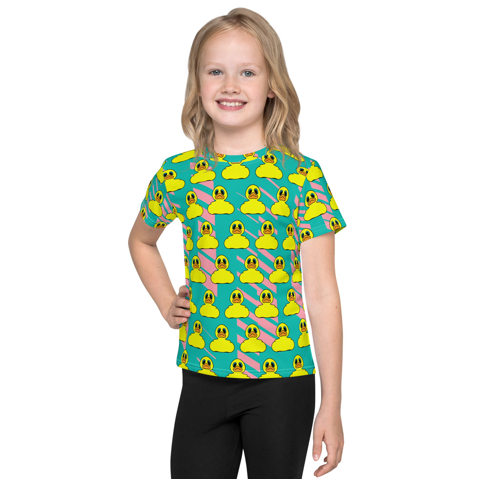 Blond girl wearing all over print t shirt with Classic yellow BMORE DUCKS! rubber duck pattern