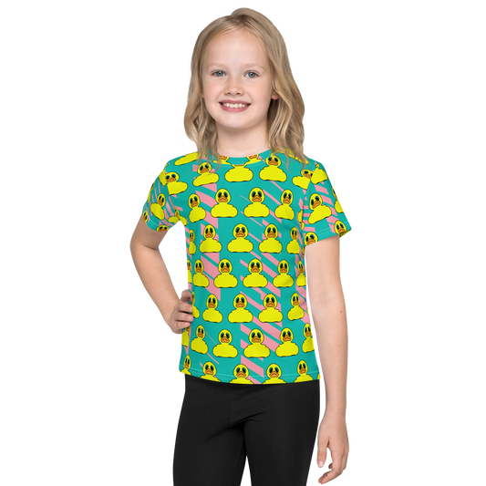 Blond girl wearing all over print t shirt with Classic yellow BMORE DUCKS! rubber duck pattern