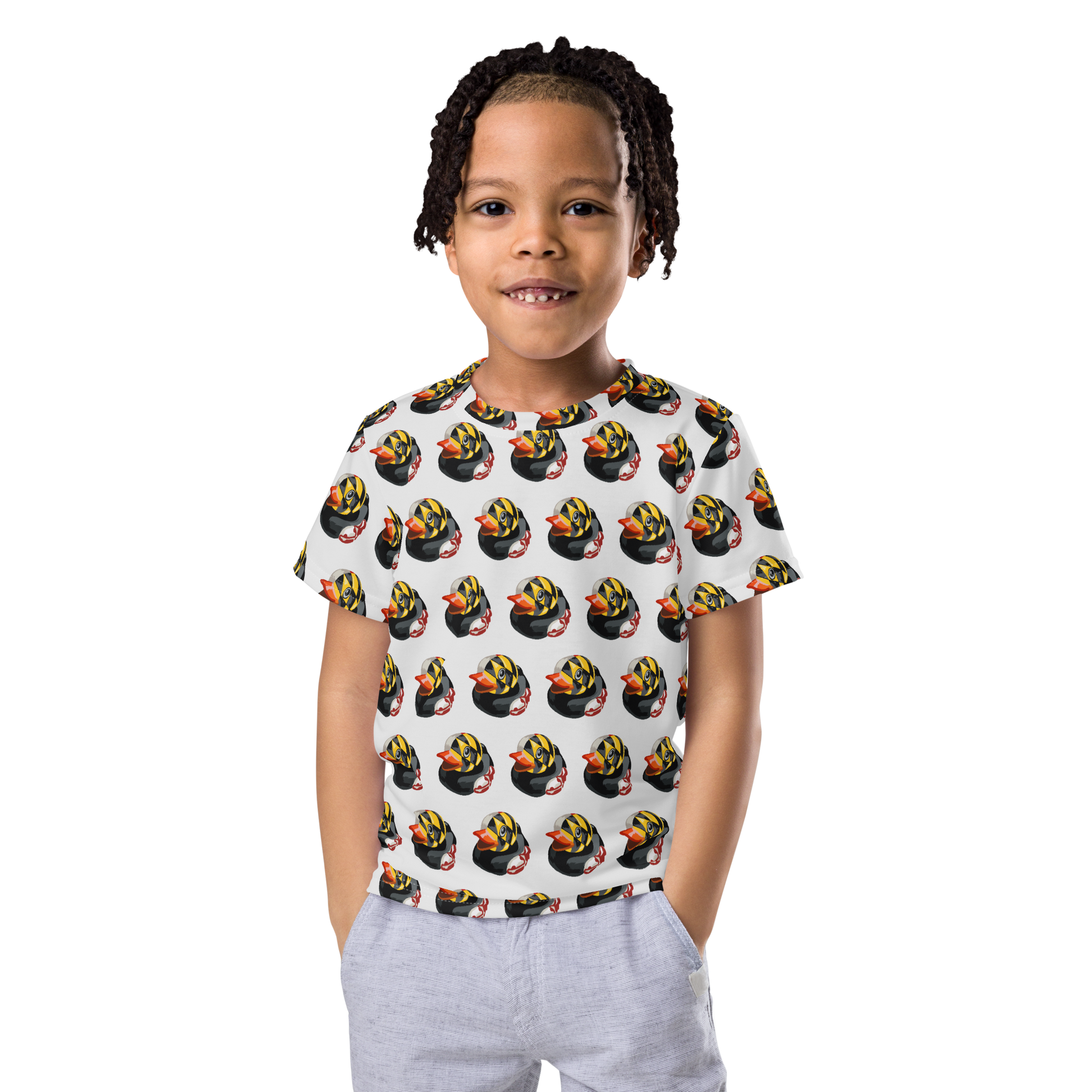 child wearing all over print t-shirt with pattern of Maryland BMORE DUCKS! logo