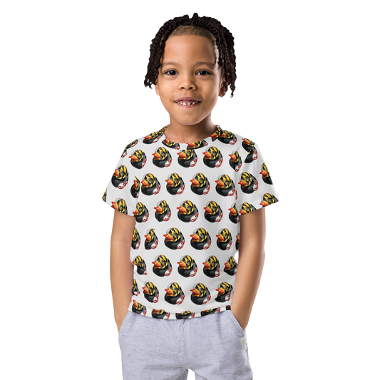 child wearing all over print t-shirt with pattern of Maryland BMORE DUCKS! logo