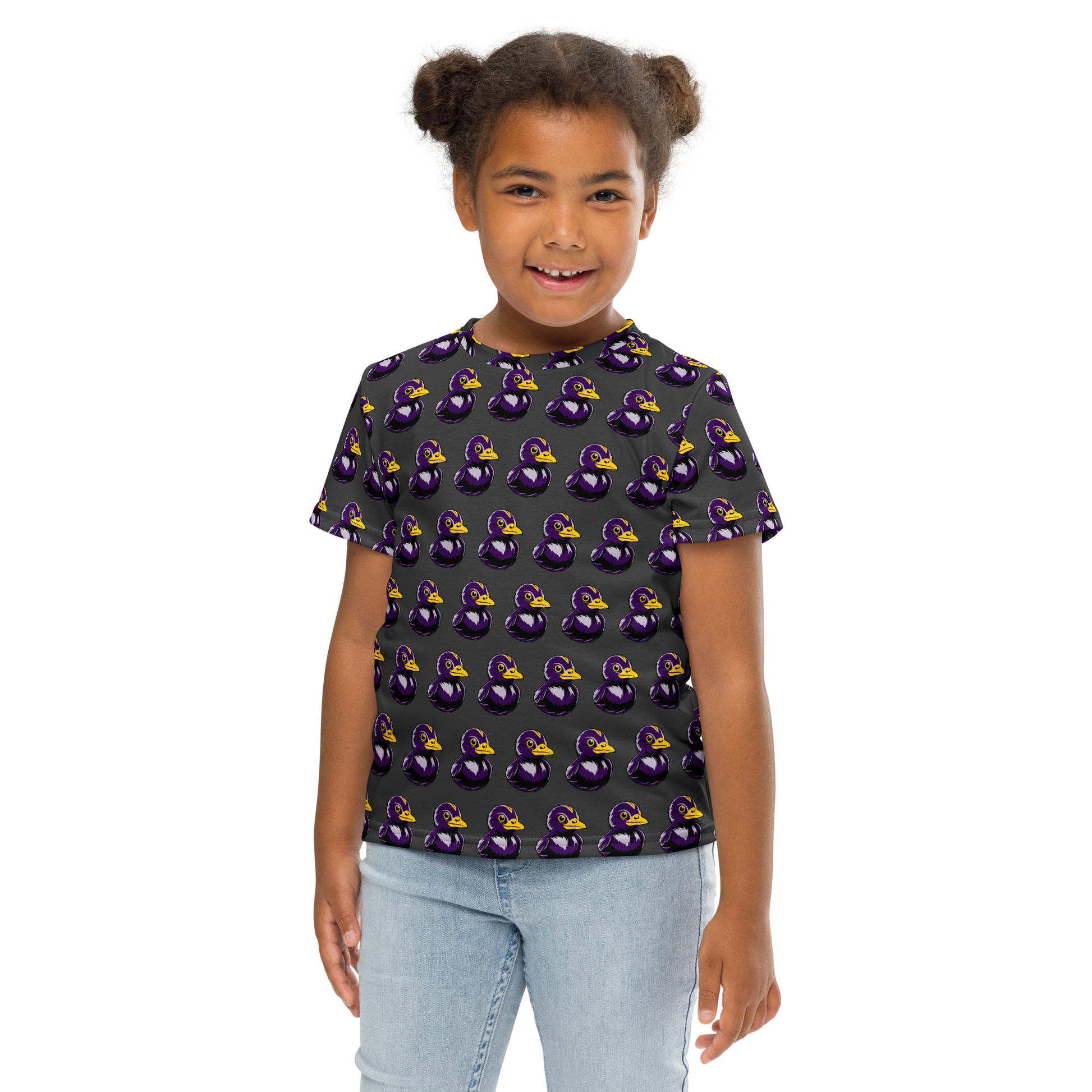 young girl wearing all over print pattern of BMORE DUCKS! football fan logo