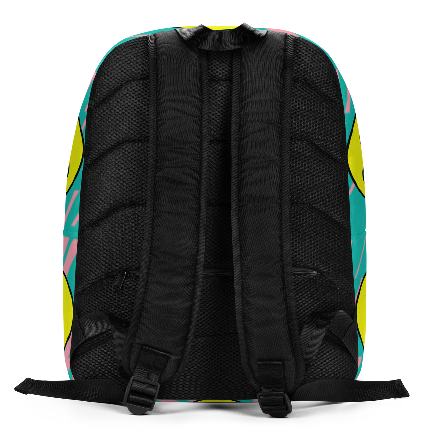 back side of minimalist backpack with classic BMORE DUCKS! yellow rubber duck logo pattern over teal background