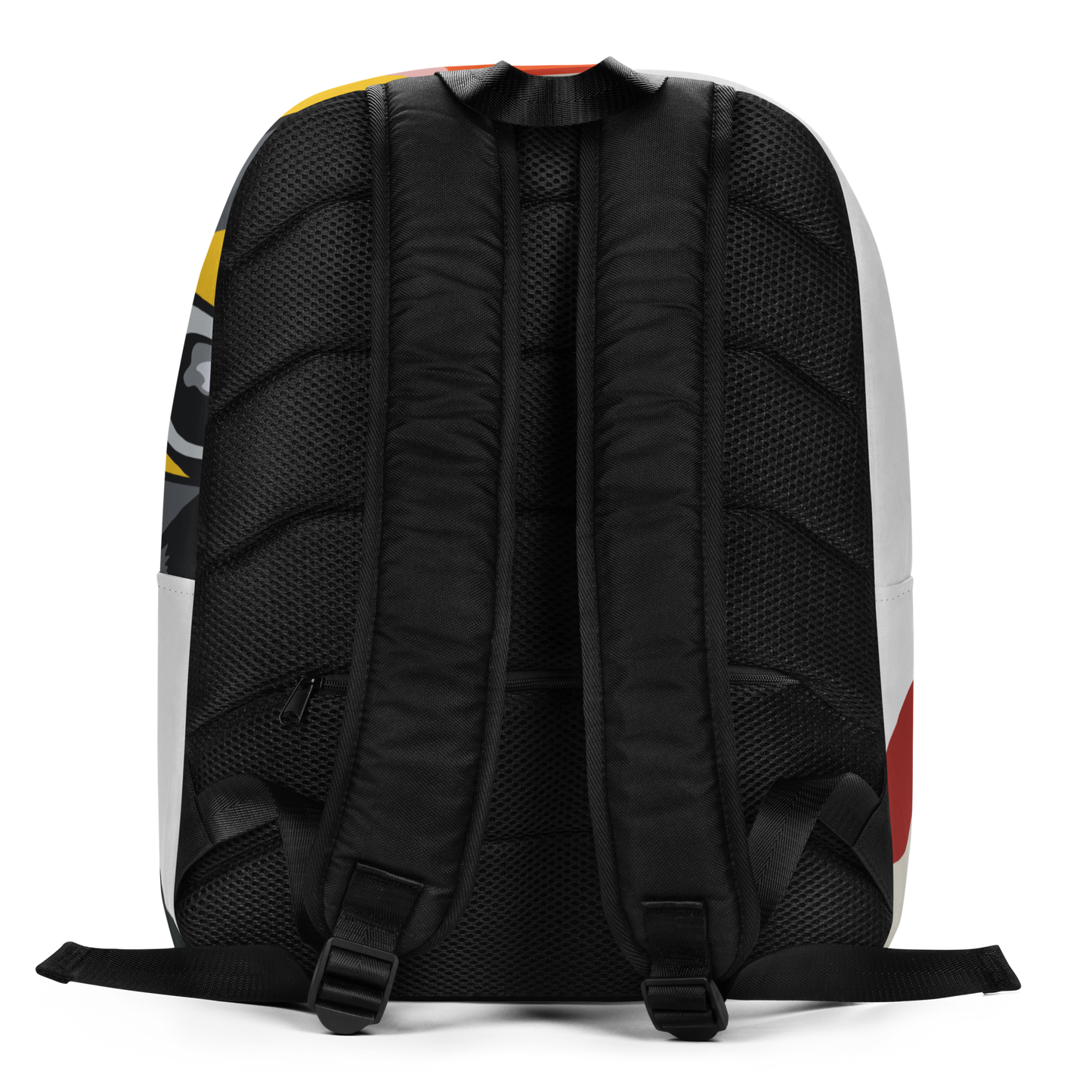 back view of minimalist backpack with all over pattern print of Maryland BMORE DUCKS! logo