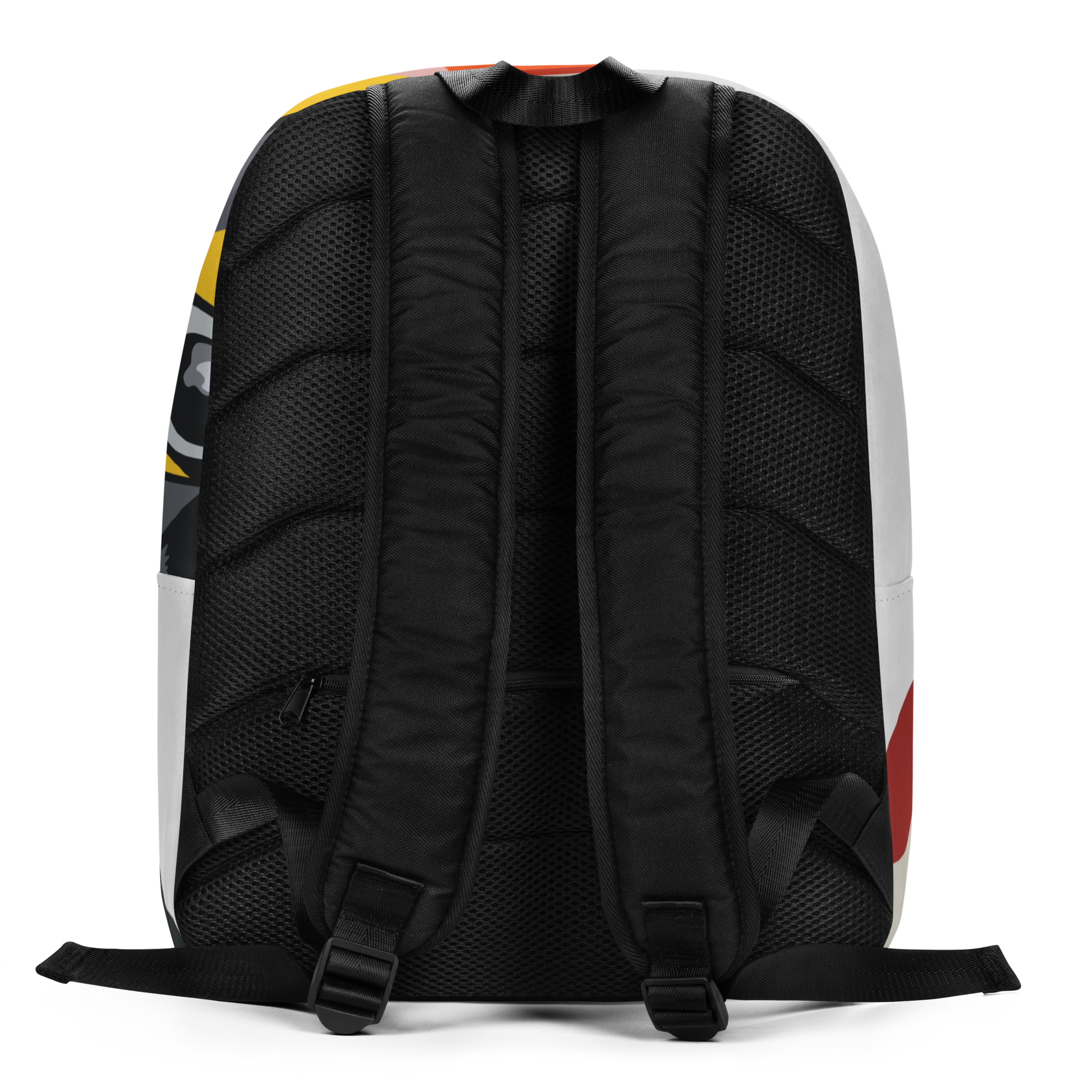 back view of minimalist backpack with all over pattern print of Maryland BMORE DUCKS! logo