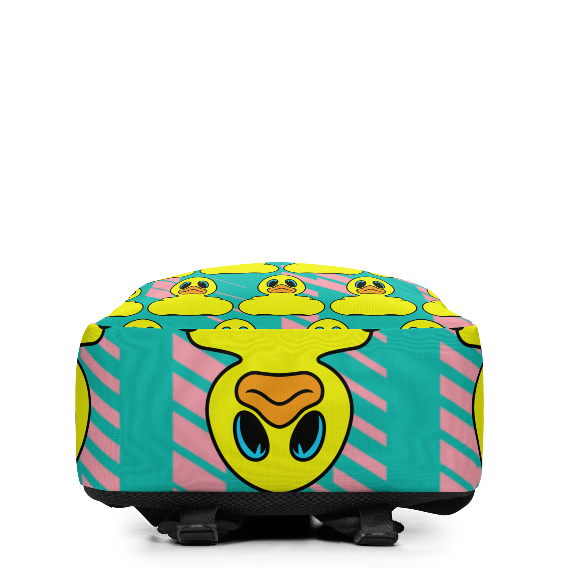 bottom view of minimalist backpack with classic BMORE DUCKS! yellow rubber duck logo pattern over teal background