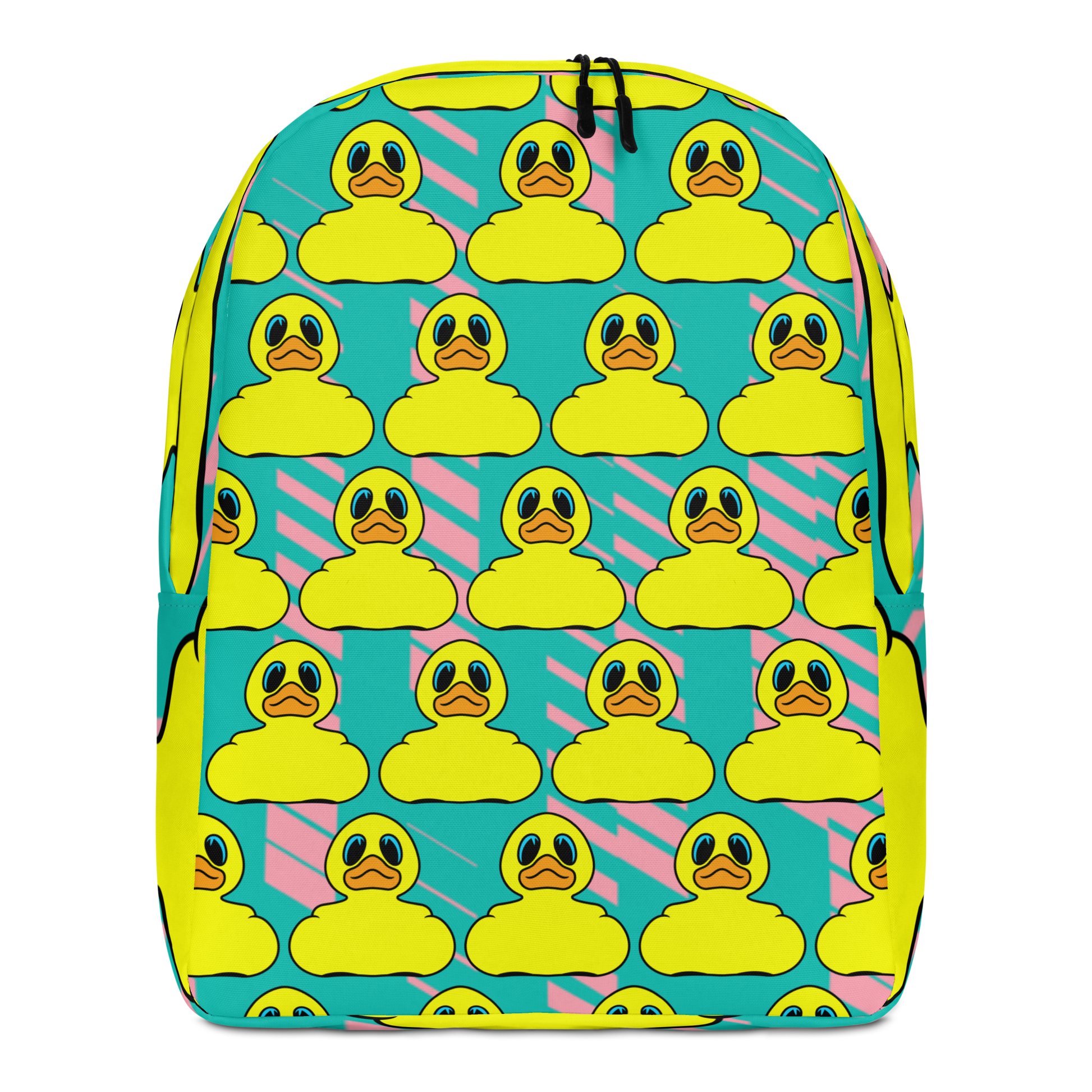 minimalist backpack with classic BMORE DUCKS! yellow rubber duck logo pattern over teal background