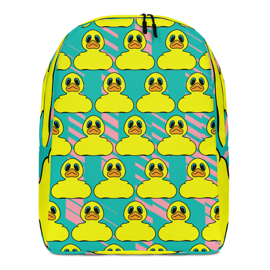 minimalist backpack with classic BMORE DUCKS! yellow rubber duck logo pattern over teal background