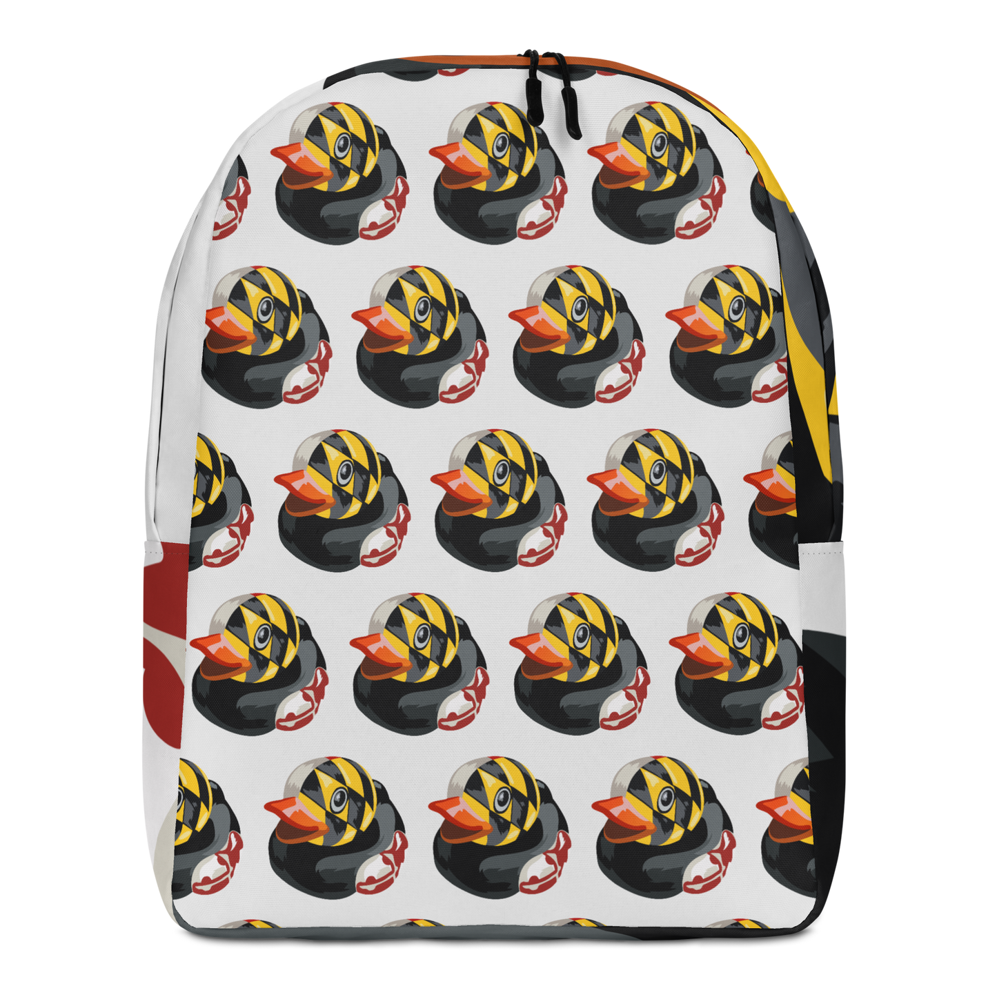 front view of minimalist backpack with all over pattern print of Maryland BMORE DUCKS! logo