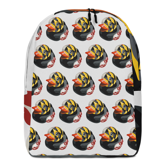 front view of minimalist backpack with all over pattern print of Maryland BMORE DUCKS! logo