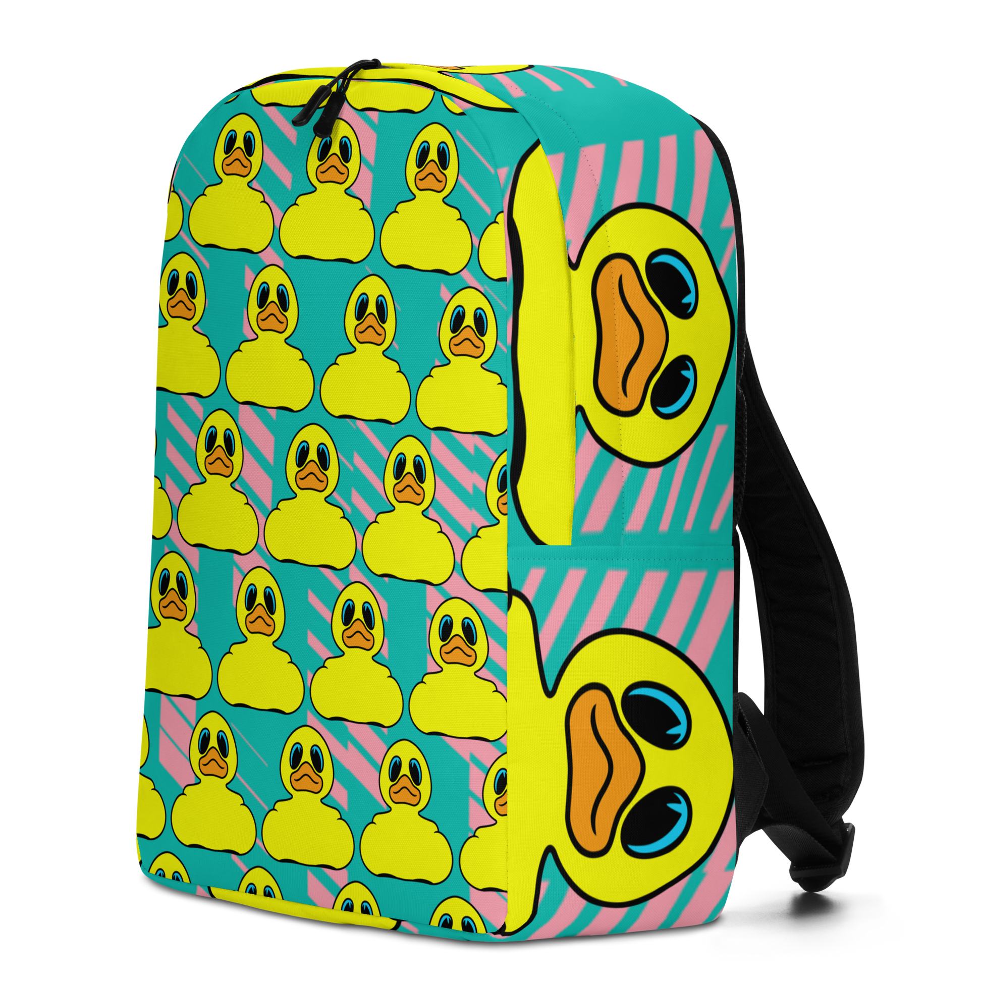 side view minimalist backpack with classic BMORE DUCKS! yellow rubber duck logo pattern over teal background