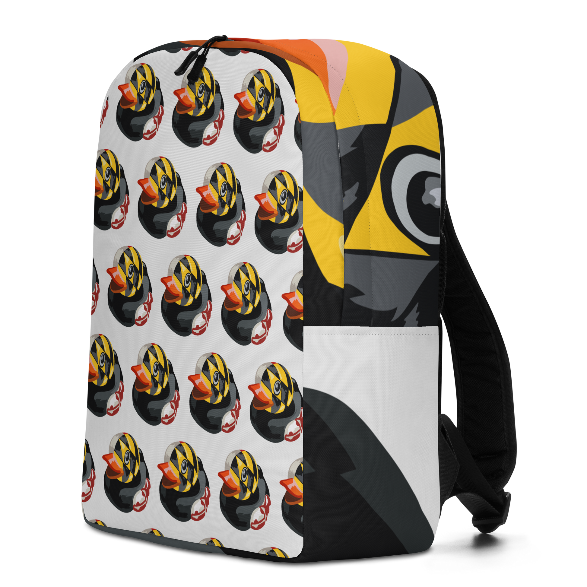 side view of minimalist backpack with all over pattern print of Maryland BMORE DUCKS! logo